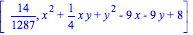 [14/1287, x^2+1/4*x*y+y^2-9*x-9*y+8]